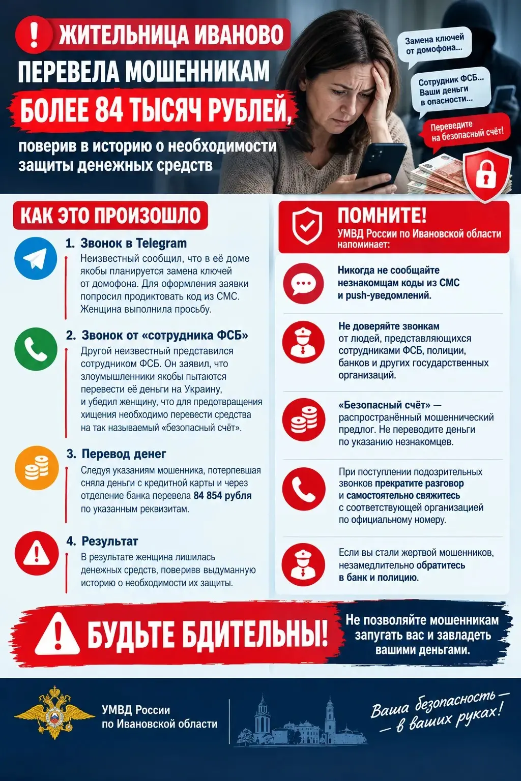 Жительница Иваново перевела мошенникам более 84 тысяч рублей, поверив в историю о необходимости защиты денежных средств